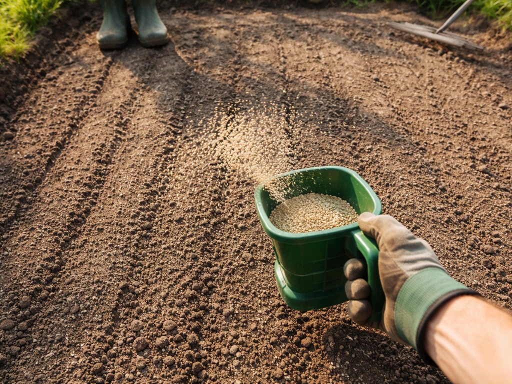 Bovenaanzicht van graszaad dat op een fijn zaaibed wordt uitgestrooid, in twee richtingen gespreid.