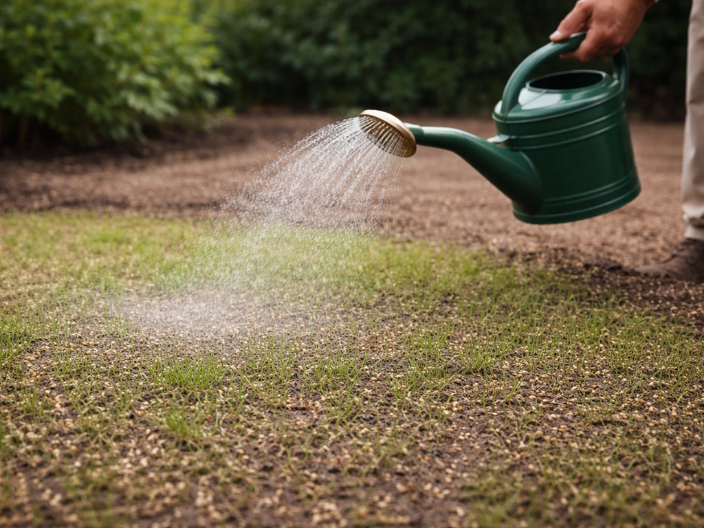 Tuinier giet net ingezaaid gras met fijne nevel; zaaibed vochtig, aarde niet weggespoeld