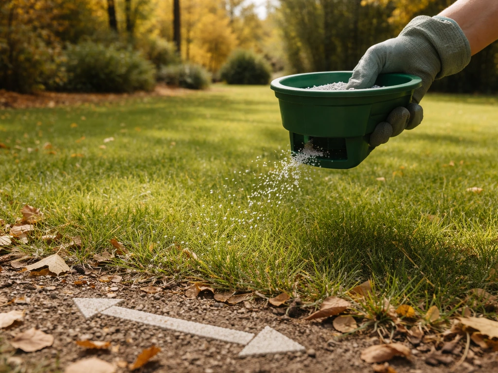 Hand die kunstmestkorrels strooit op een herfstgazon in een rustige Nederlandse tuin, zonder tekst.