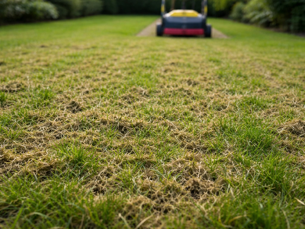 Bovenaanzicht van een net verticuteerd gazon met zichtbare viltlaag en een verticuteermachine op de achtergrond.