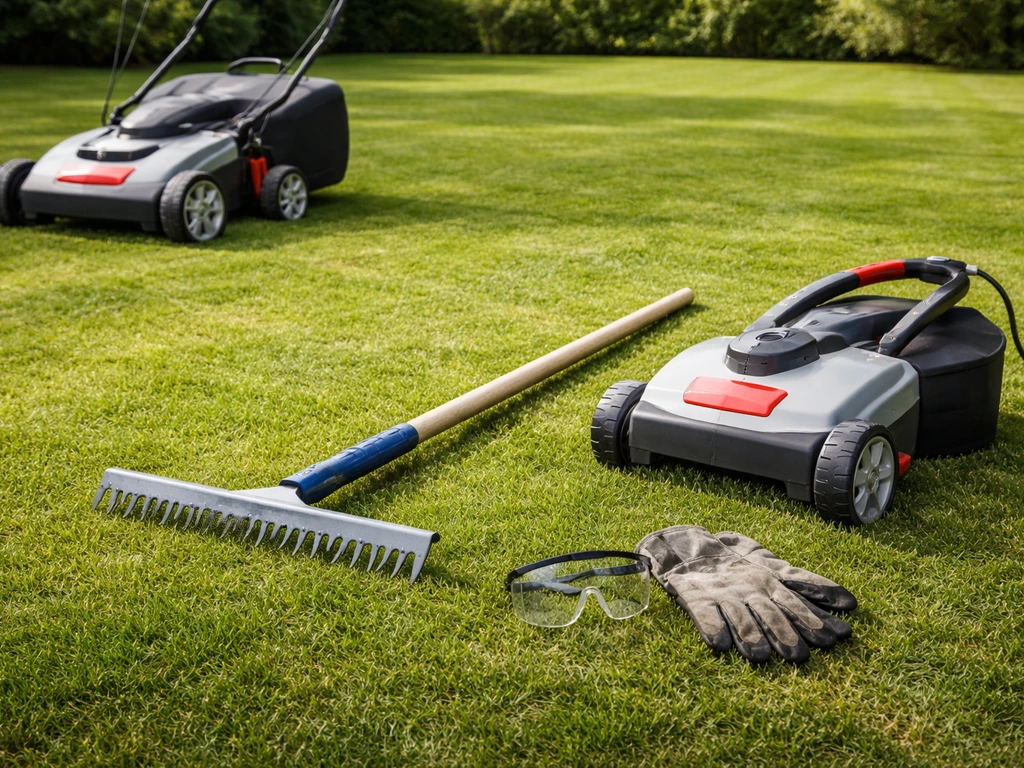 Klein gemaaid gazon met ingestelde maaihoogte en verticuteergereedschap, veiligheidsbril en handschoenen klaar
