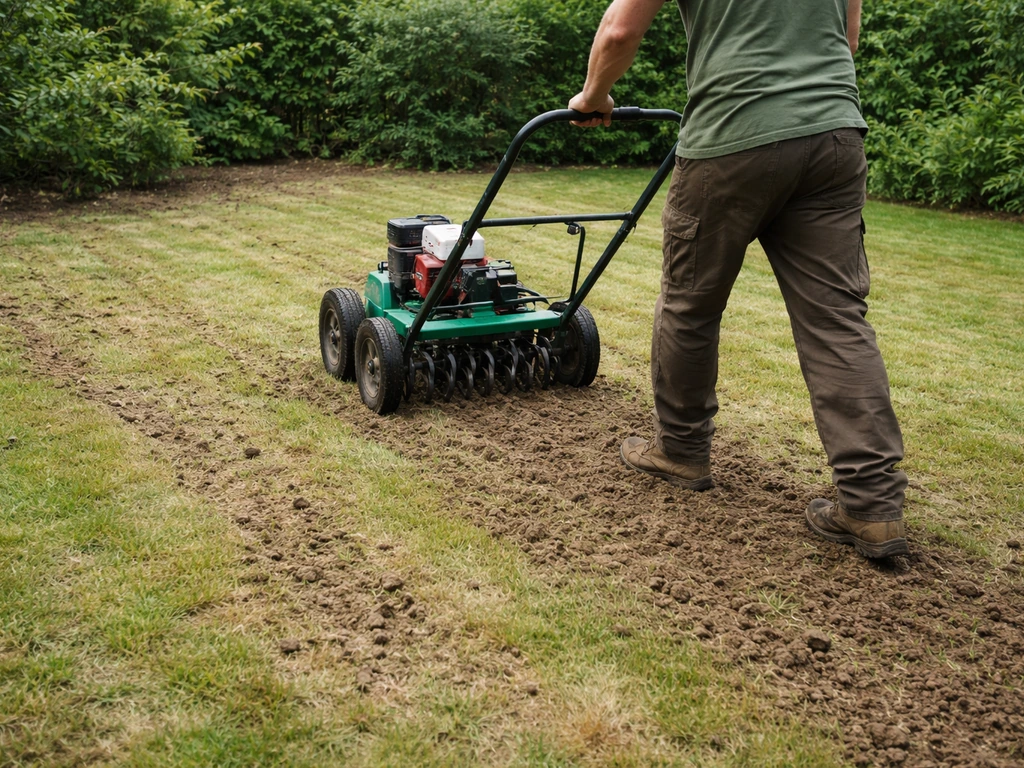 Tuinman op een gazon met bodem-openingen terwijl een beluchtingsprikmachine de grond losmaakt na verticuteren.
