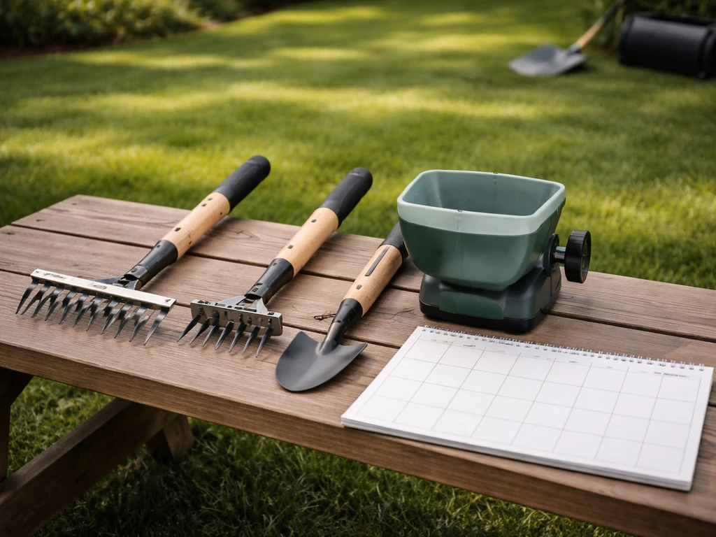 Gereedschapsset en blanco maandplanner voor gazononderhoud naast een gezond, groen gazon in de tuin.