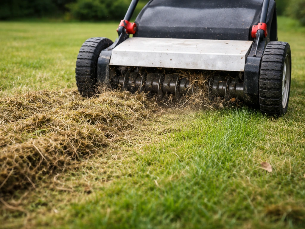 Groene tuin met verticuteermachine die vilt en dode plantresten loshaalt, met schonere stroken gras.