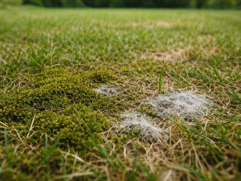Close-up van een gazon met mosplekken en lichte schimmel, met zichtbare textuurverschillen in het gras.