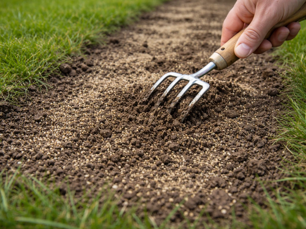 Close-up van een kale grasstrook die met een vork licht wordt losgemaakt en ingezaaid met graszaad.