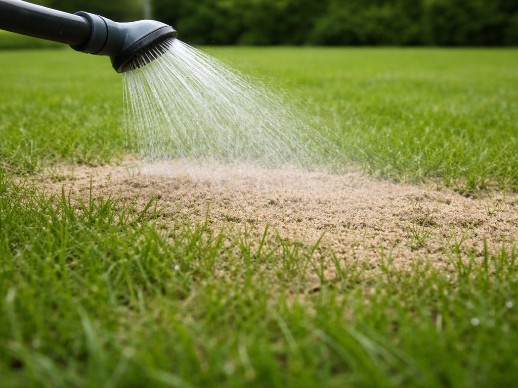 Gazon na het uitvlakken: zachte sproeikop besproeit topdressing-zand zodat het nat in de toplaag zakt.