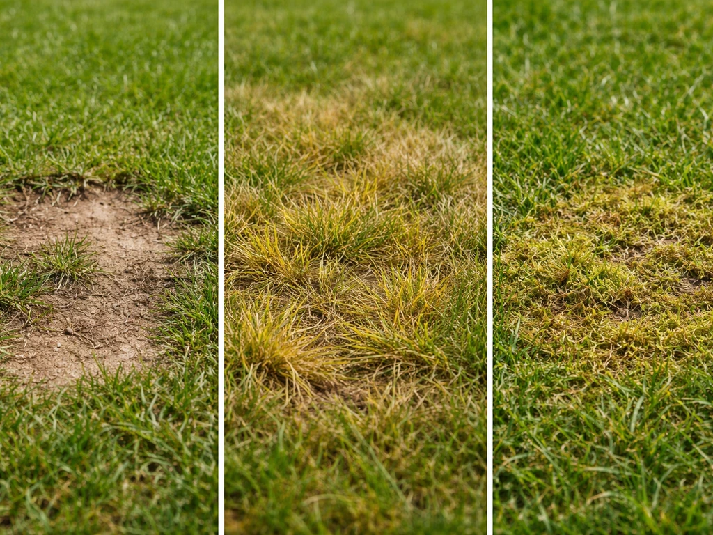 Close-up van gras met kale plekken, gele verdroging en mos/viltlaag op drie naast elkaar liggende delen.