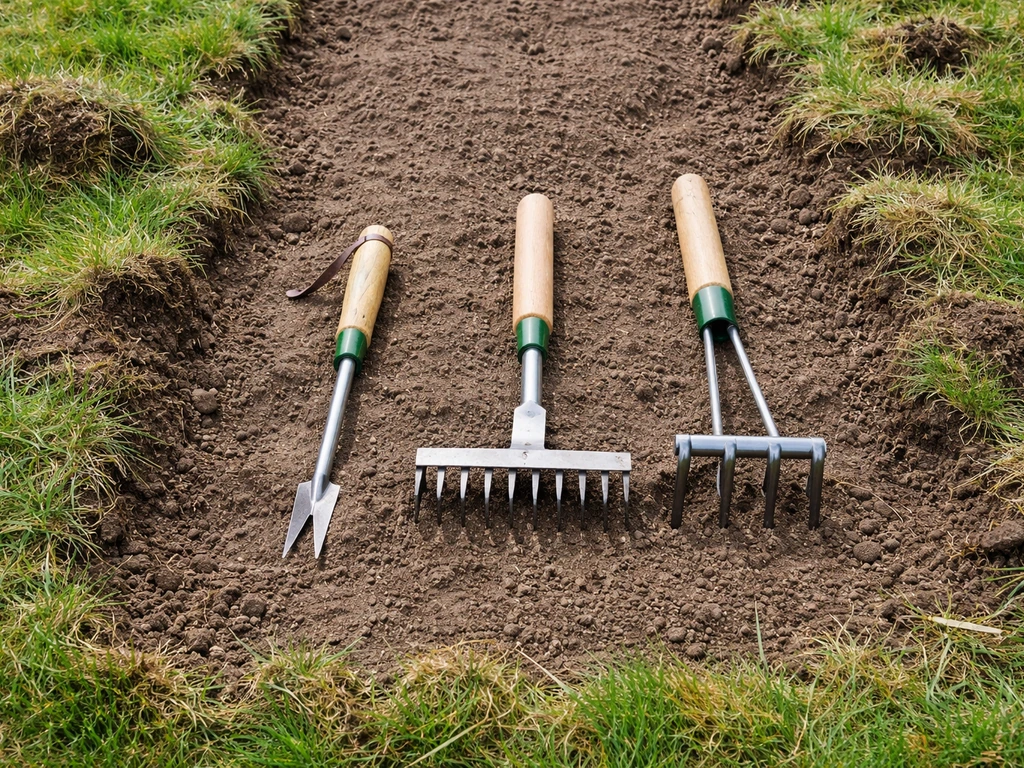 Onkruidsteker, verticuteerhark en beluchter klaar bij een opengewerkte strook gazon in de tuin.