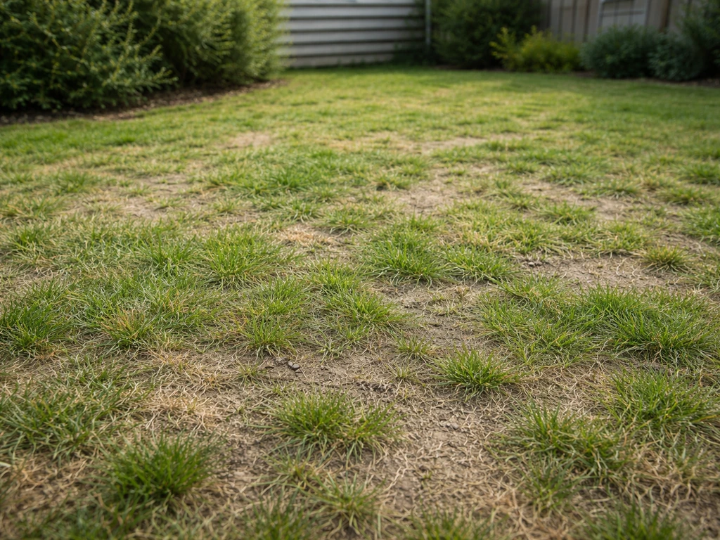 Dunner gazon met kale plekken in het najaar, met vergeelde sprieten en zichtbaar ongelijk gras.