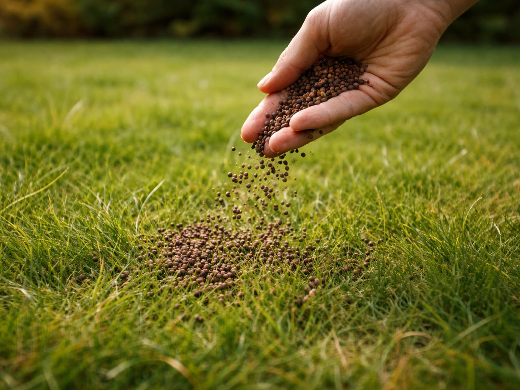 Close-up van een hand die mestkorrels op groen gras uitstrooit, met zichtbare korrels van najaarsmest.