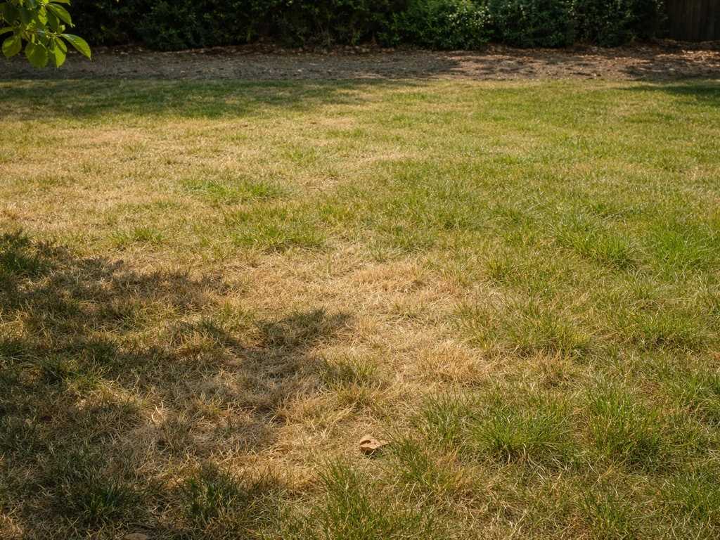 Droog, licht vergeeld gazon in de zomer met zonnige schaduwen en zichtbaar stressbeeld