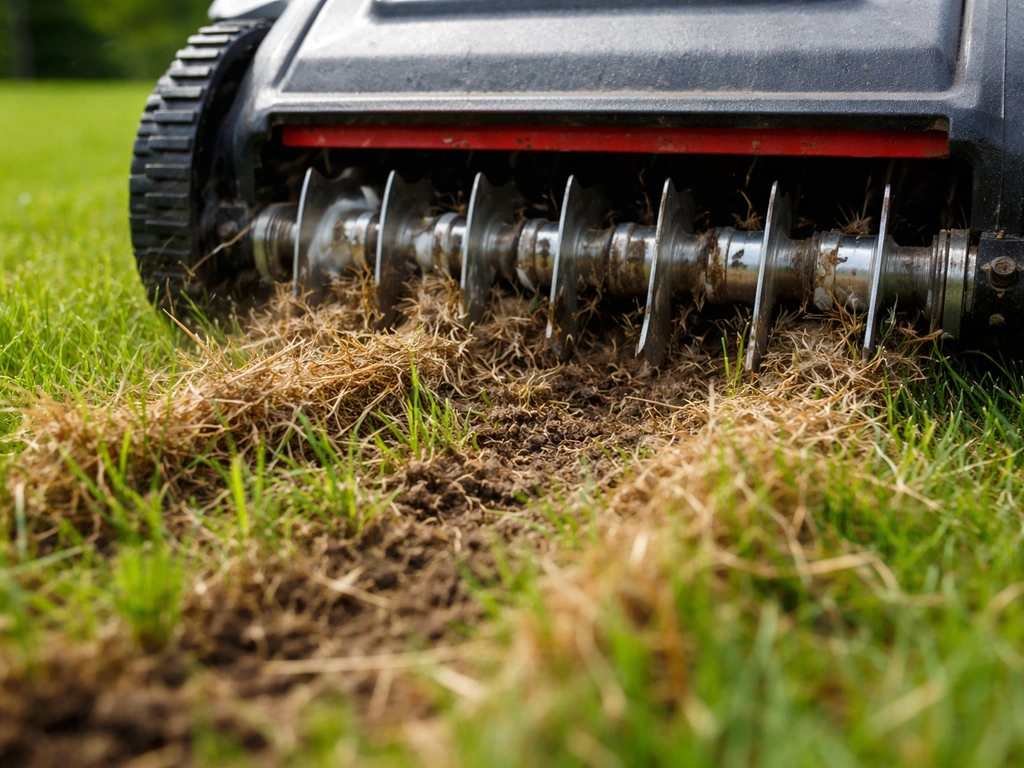 Close-up van een verticuteerhark die de viltlaag in een groen gazon losmaakt en de bodem licht openwerkt.