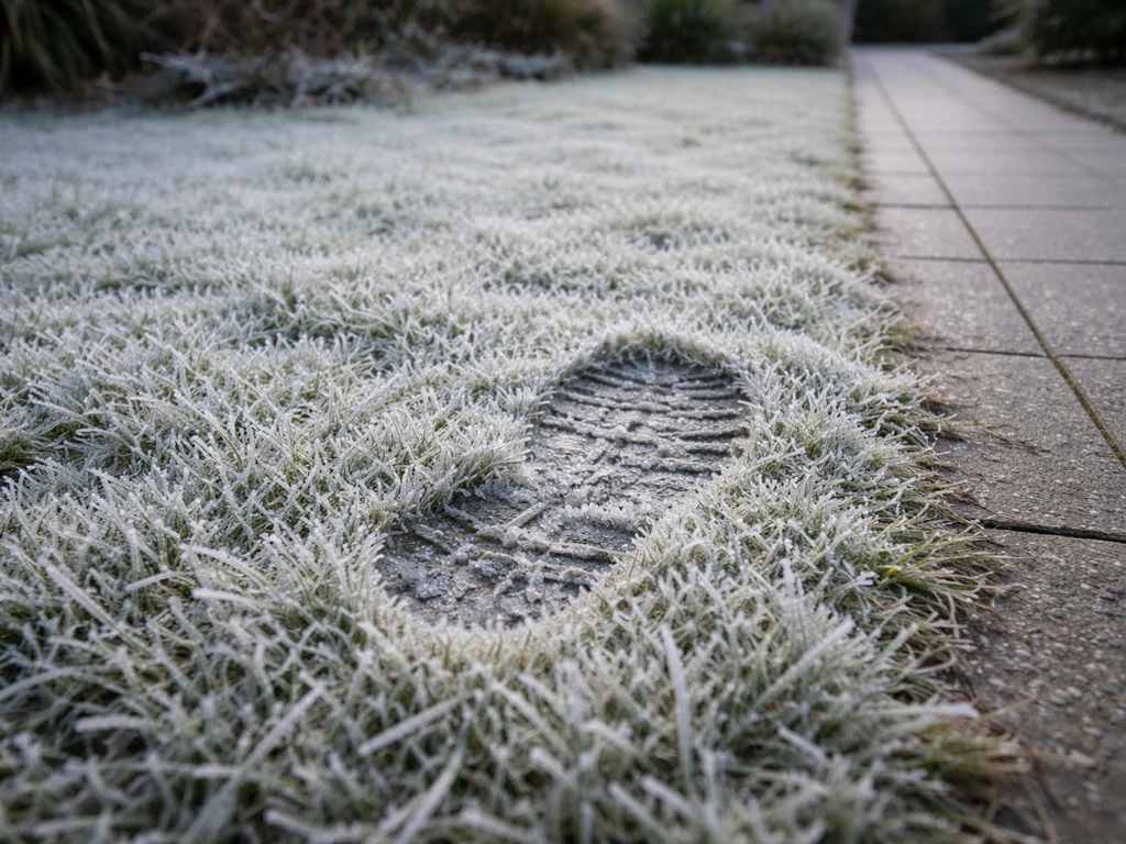 Bevroren gras met rijp/ijskristallen en daarnaast een droog pad: laat zien wat je in januari vermijdt.