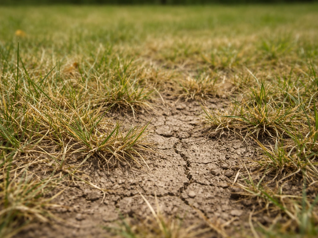 Geelorig en dun gras in een tuin na langdurige droogte, met droge grond eronder
