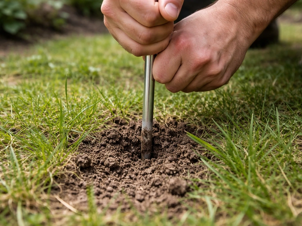Handen prikken met een tuinprikker de bodem in; je ziet vochtige, samenhangende aarde onder het gras.