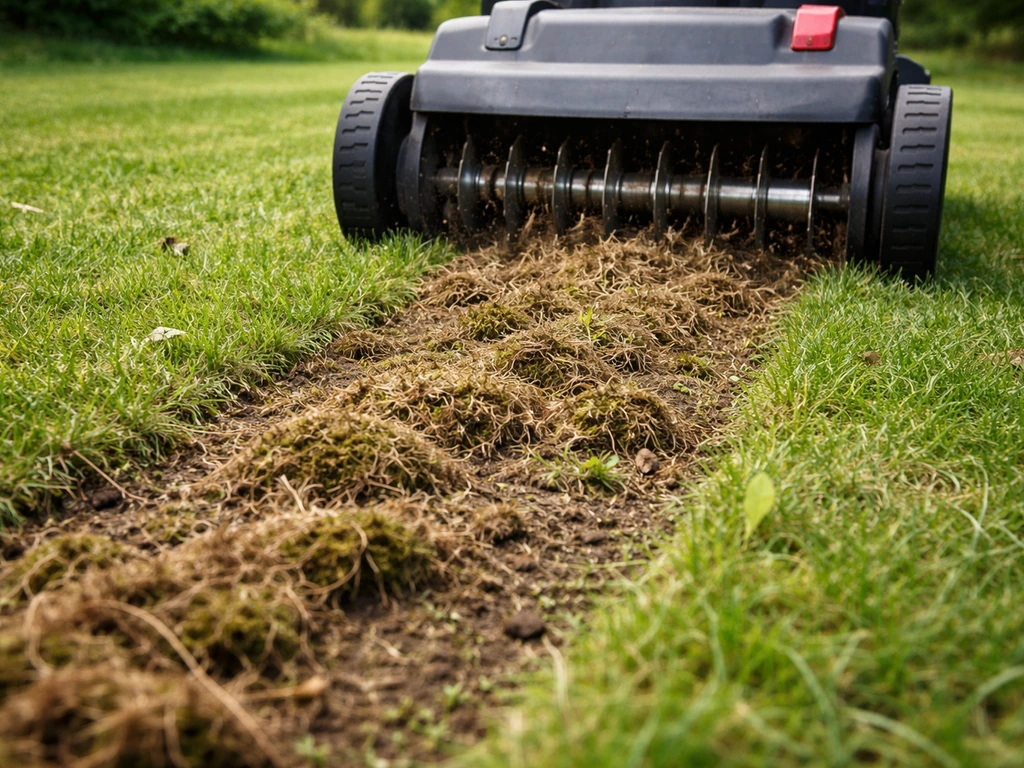 Verticuteermachine maakt vilt los in een strook gazon, herkenbare viltlaag zichtbaar, geen mensen.