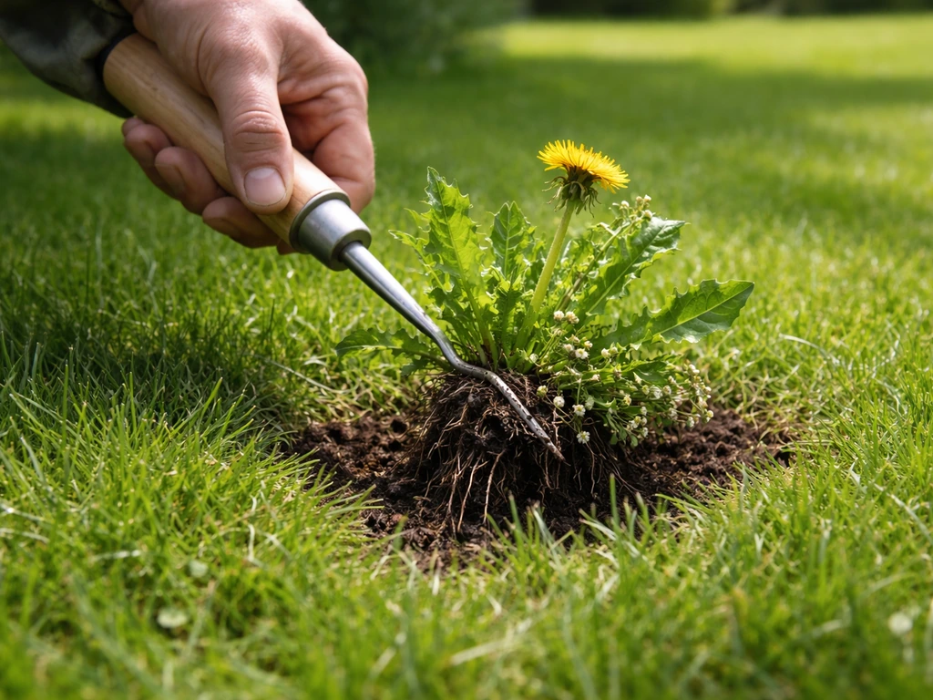 Close-up van onkruidsteker die paardenbloem en vogelmuur uit het gazon haalt, met groen gras ernaast.