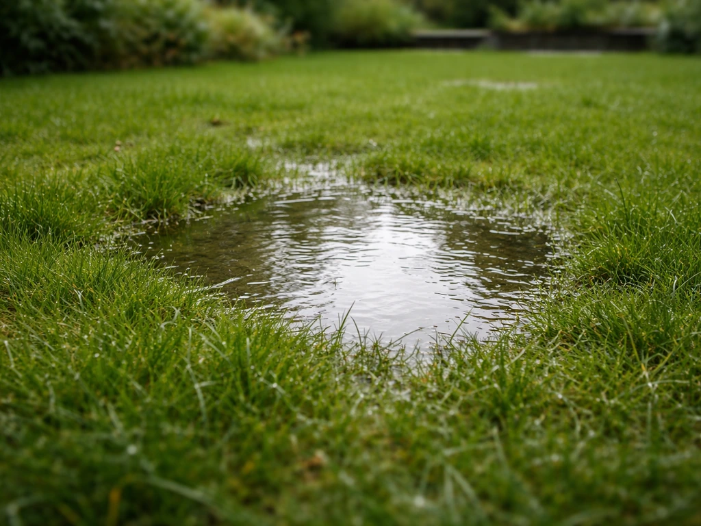 Gazon met kleine plassen na regenbui in een komvormige plek, water loopt langzaam weg