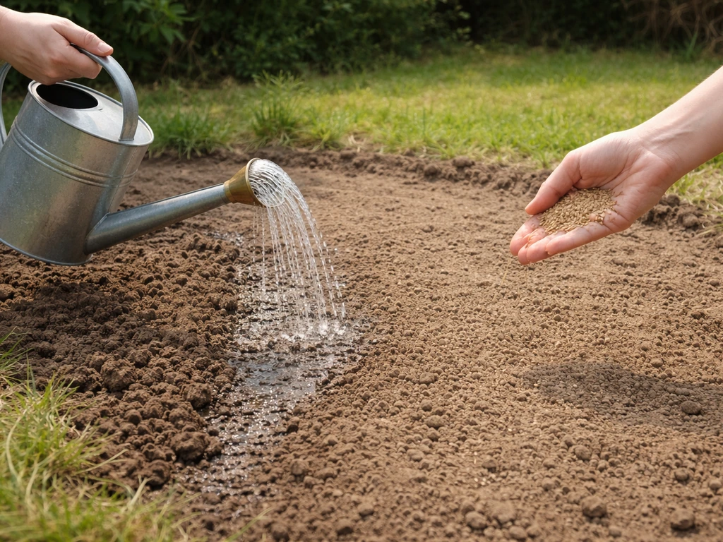 Hand die langzaam water geeft op vers opgehoogde grond, met graszaad dat wordt doorgezaaid