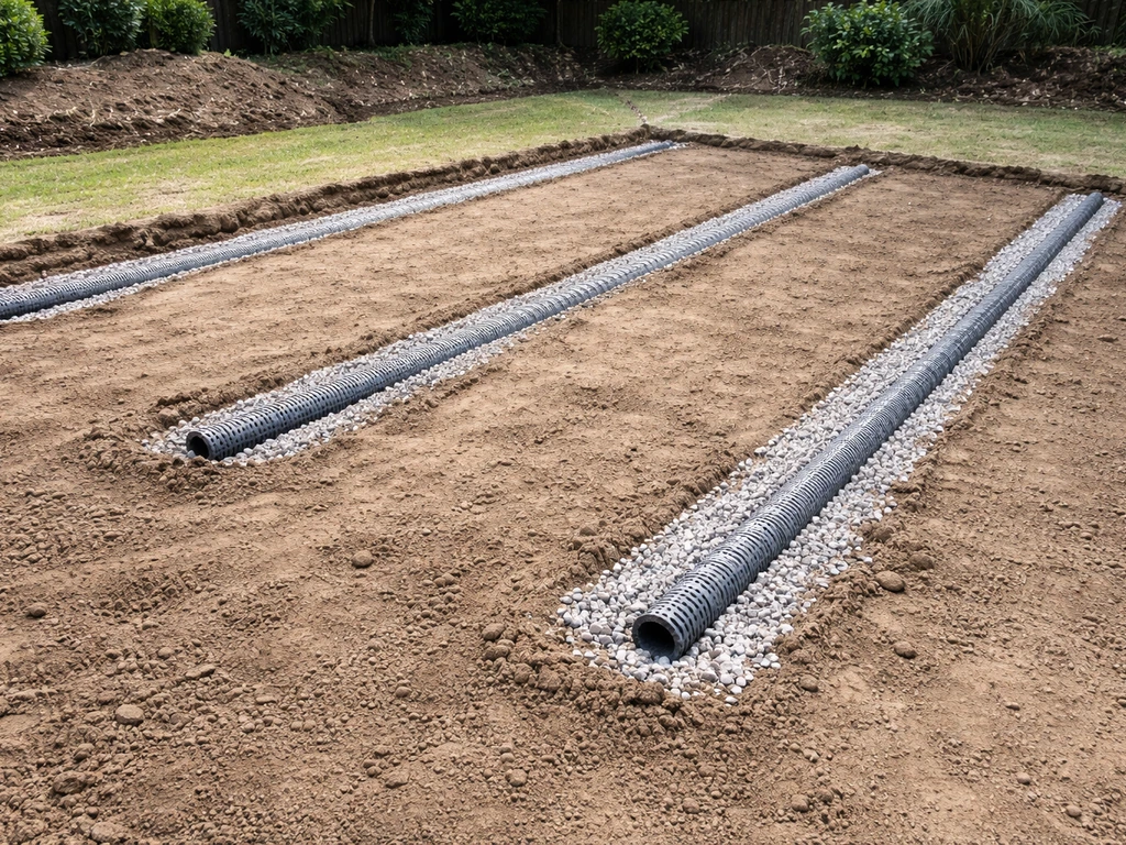 Afgegraven en vlak aangeharkte tuingrond met zichtbare drainage-opbouw voor een nieuw gazon.