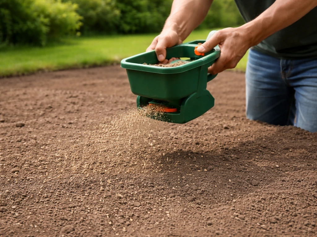 Gelijkmatige verdeling van graszaad met een handstrooier over net voorbereide gazonbodem.