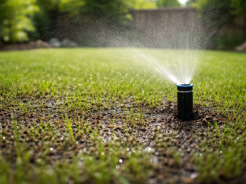 Fijne sproeier nevelt water over vers ingezaaid gras; bovenste grondlaag glinstert licht vochtig.