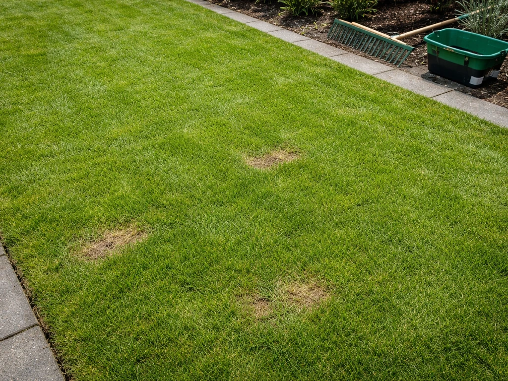 Bovenaanzicht van frisgroen voorjaarsgazon met randen en enkele bruine plekken, met tuingereedschap op de achtergrond.