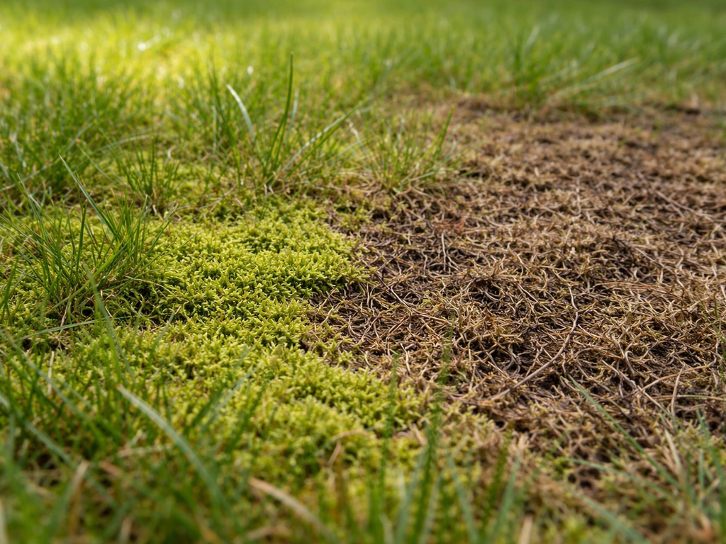 Close-up van een gazon met groene mosgroei en donkere viltplekken in het gras.