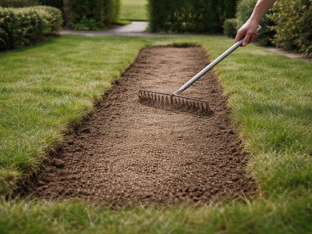 Opengewerkte strook gazon met zaad, licht afgedekt met aarde en een hark, in het voorjaar.
