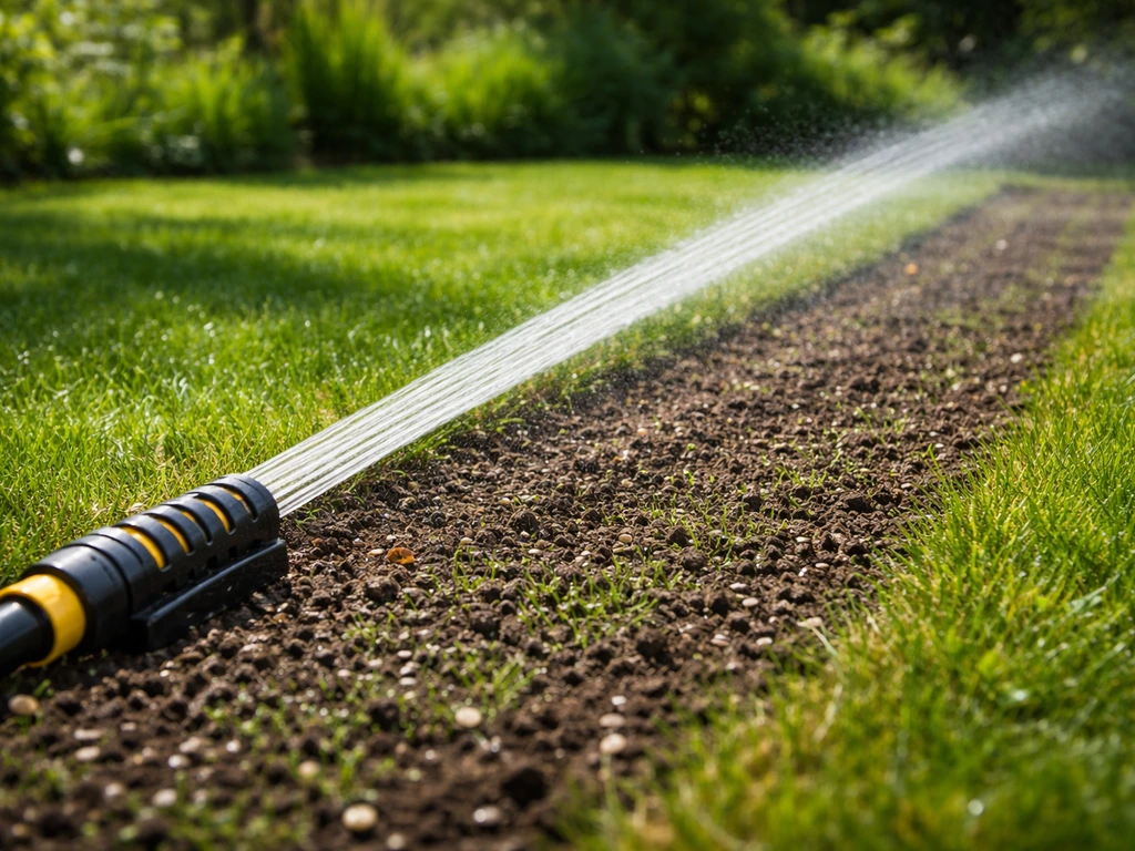 Tuinsproeier die gericht water geeft op een net ingezaaide strook gazon, met verse grassprieten.