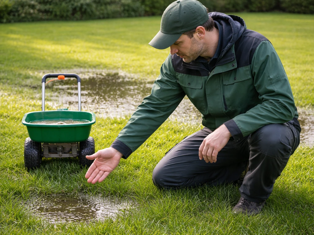 Tuinmedewerker stopt met bemesten wanneer er plassen op het gazon staan.