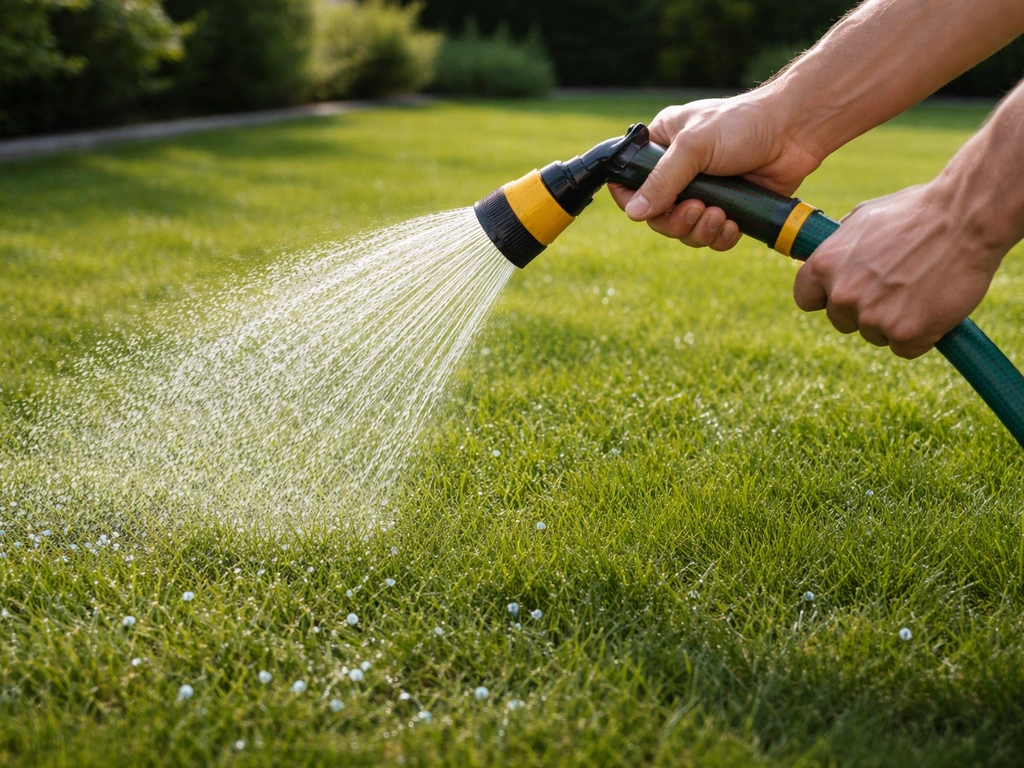 Beregenen van pas bemest gazon bij droog weer: druppels op groen gras en zichtbare korrels die oplossen.