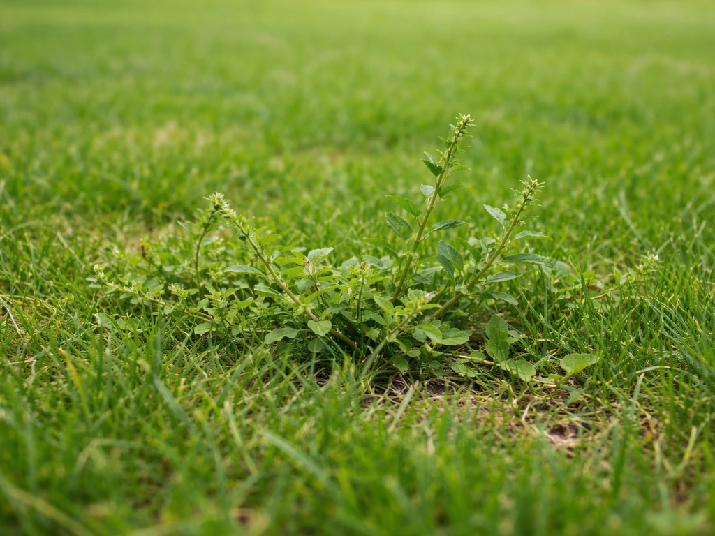 Gazon met scherp gefotografeerde varkensgras-sprieten tussen het gras, duidelijke herkenbare plekken