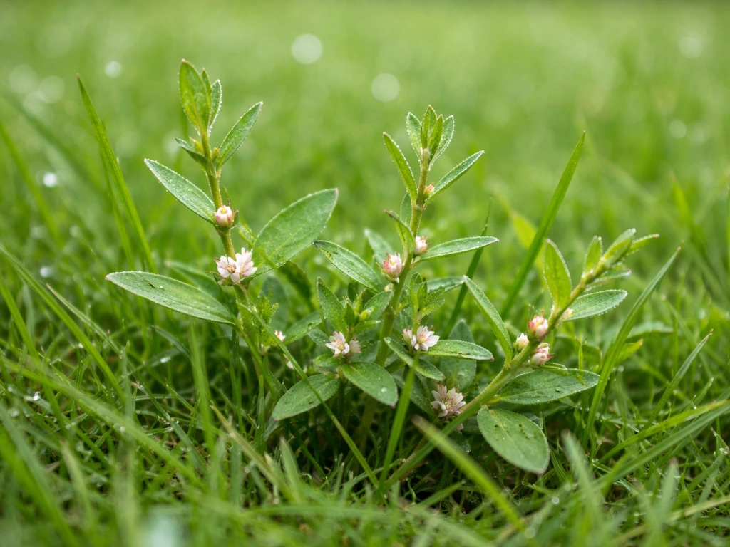 Close-up van varkensgras tussen het gazon met kleine wit-lichtroze bloemetjes in de bladoksels.