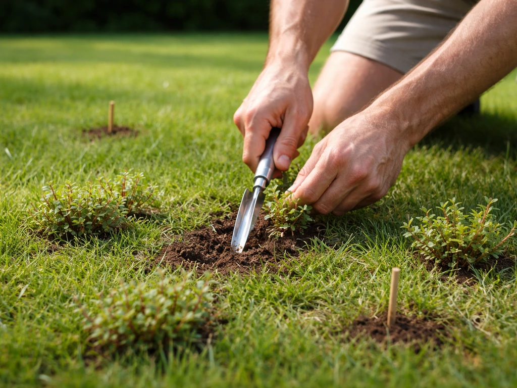 Tuinier die jonge varkensgras met steekschopje uitsteken; losse pollen op de grond, gazon zonder rommel.