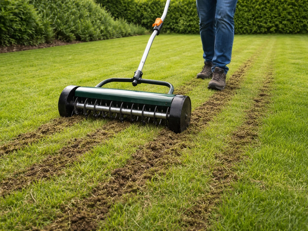 Een beluchter/verticuteerroller snijdt door het gras; direct daarna zie je losse grond en open structuur.