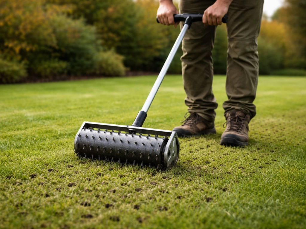 Anoniem onderlichaam dat een beluchterpriktool over het gras beweegt; zichtbare gaatjes in de grasmat.