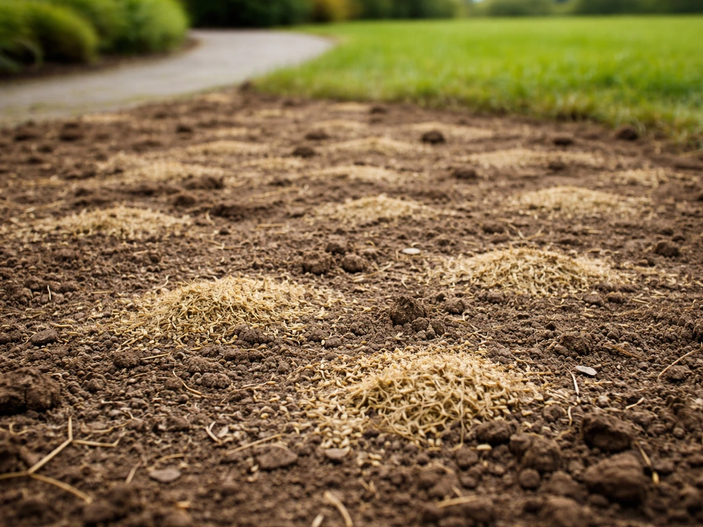Kale plek in de tuin met opengewerkte grond, verse grassaad en een dun afdeklaagje na het doorzaaien.