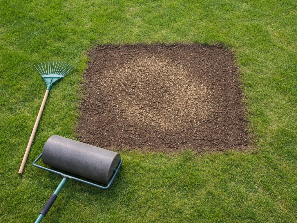 Nederlands gazon in herstelfase met kale plek die wordt ingezaaid en aangeharkt met gereedschap, close-up van grasstruct