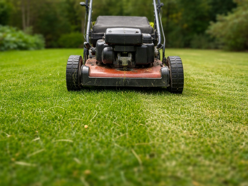 Grasmaaier die net kort maaien (±2 cm) in een tuin, met korte graspolletjes vlak voor verticuteren.