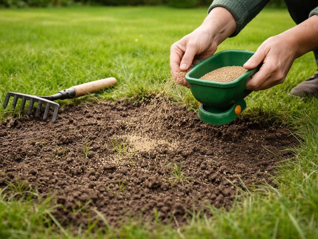 Hand die graszaad uitstrooit op kale plek, met losgemaakte aarde en kleine groene spruiten in het gazon