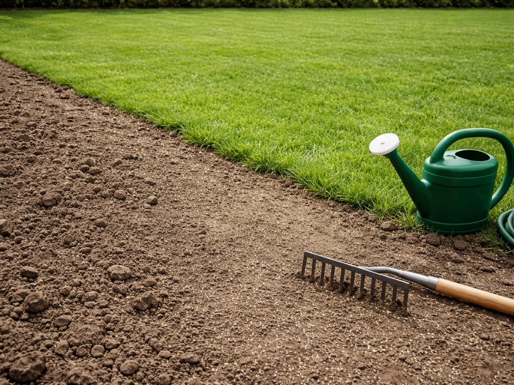 Vers aangelegd dicht groen gazon naast kale grond, met overgang en tuingereedschap zichtbaar in de tuin.