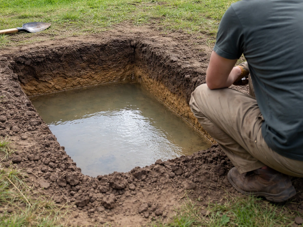 Anonieme tuinier knielt bij een uitgegraven vak met water voor een drainagetest; losgemaakte grondlagen zichtbaar.