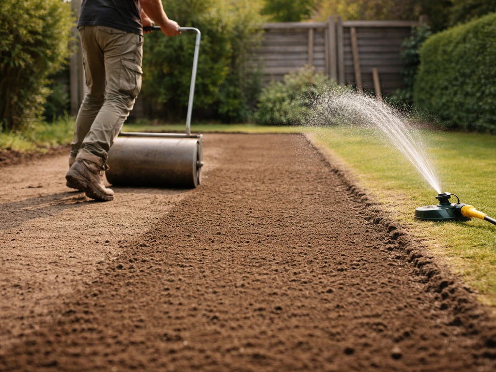Tuinier rolt ingezaaide strook met tuinwals en besproeit direct daarna voor kieming