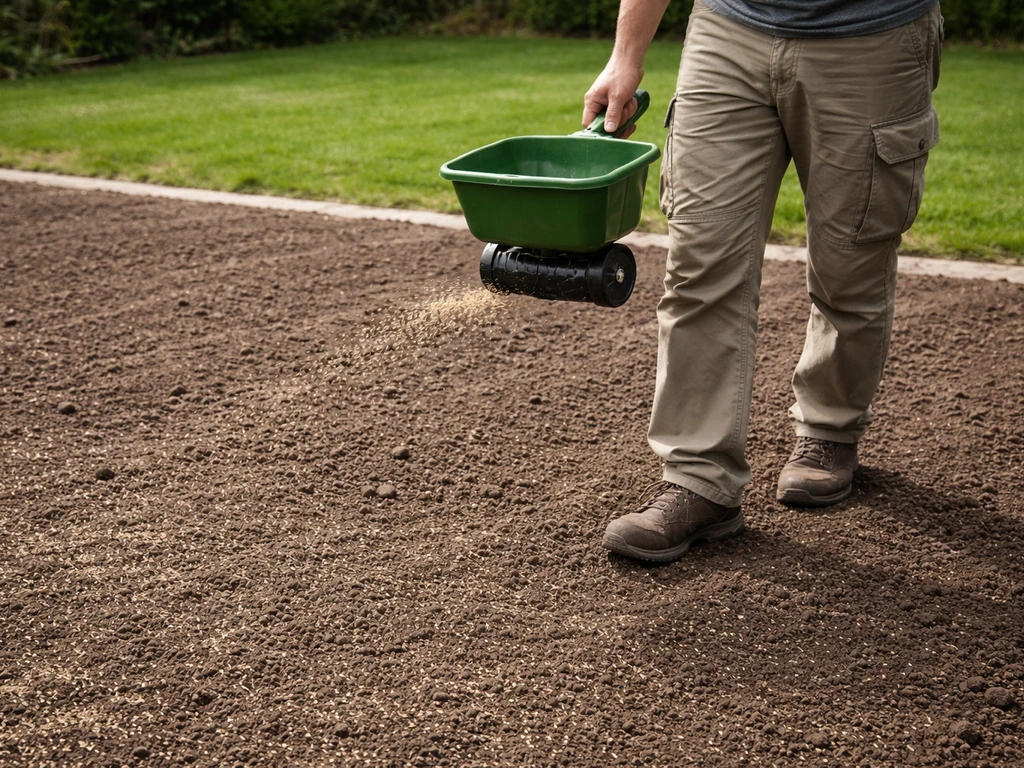 Persoon strooit graszaad met een strooier op strak voorbereide grond; zaad is licht ingeharkt.