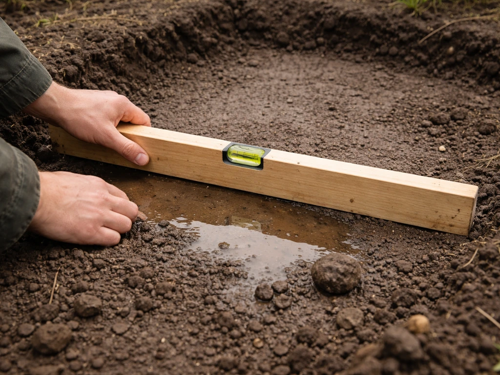 Handen met een waterpas/lat boven nat proefvlak, met lichte plasvorming als teken van slechte drainage.