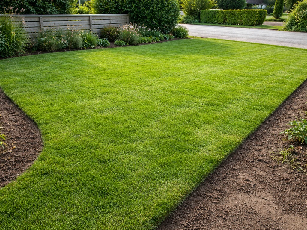 Strak heraangelegd gazon in een Nederlandse tuin met duidelijke rand en overgang tussen oud en nieuw gras.