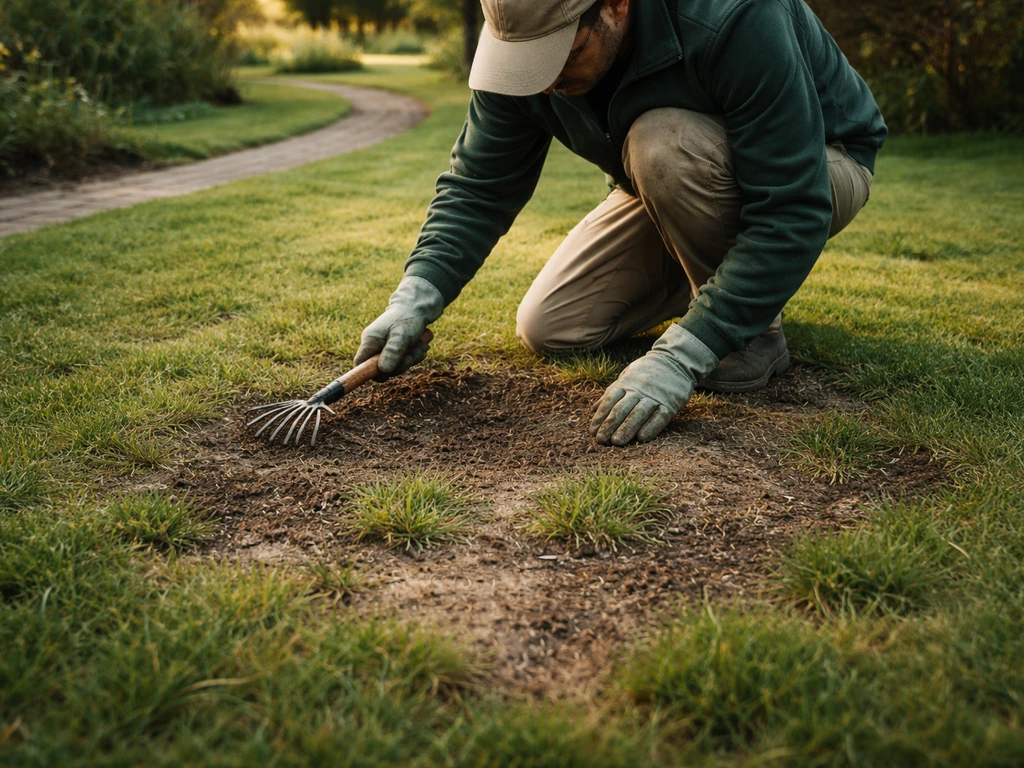 Tuinier knielt in een gazon met duidelijke kale plekken terwijl hij hergroei en schade inspecteert.