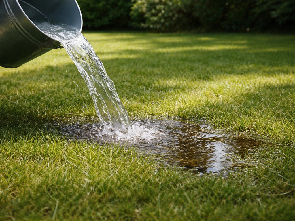 Een emmer water wordt leeggegooid op een grasveld; het water zakt weg of blijft lokaal op de grond staan